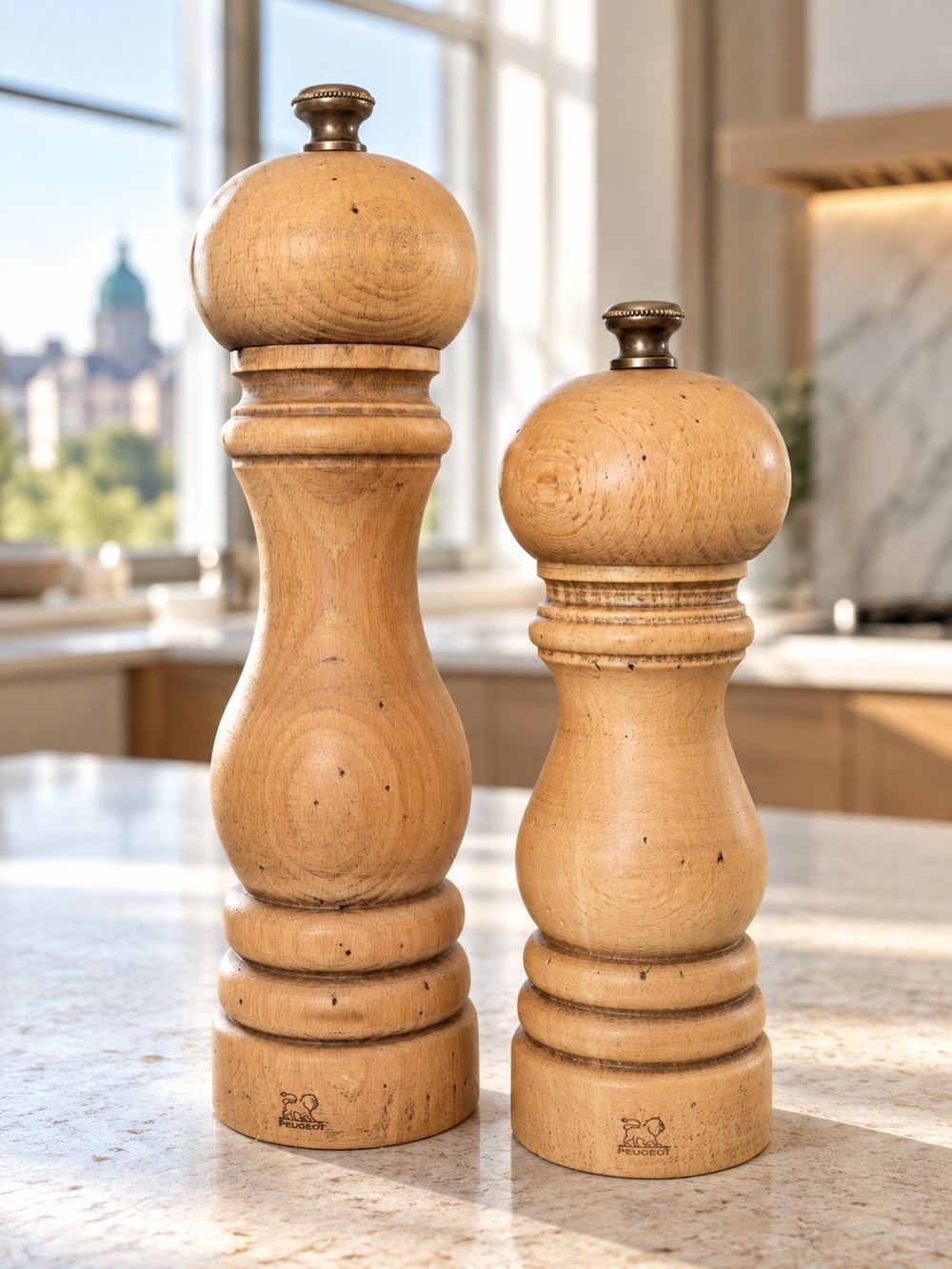 Vintage Peugeot France Beech Wood Salt Pepper Mills 9" 7" French Set